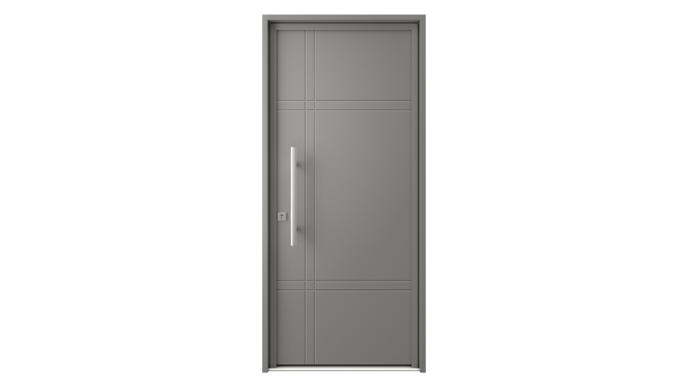 Porte d'entrée aluminium IOS Porte d'entrée grise avec barre de tirage et 2 lignes verticales le long de la porte en décor